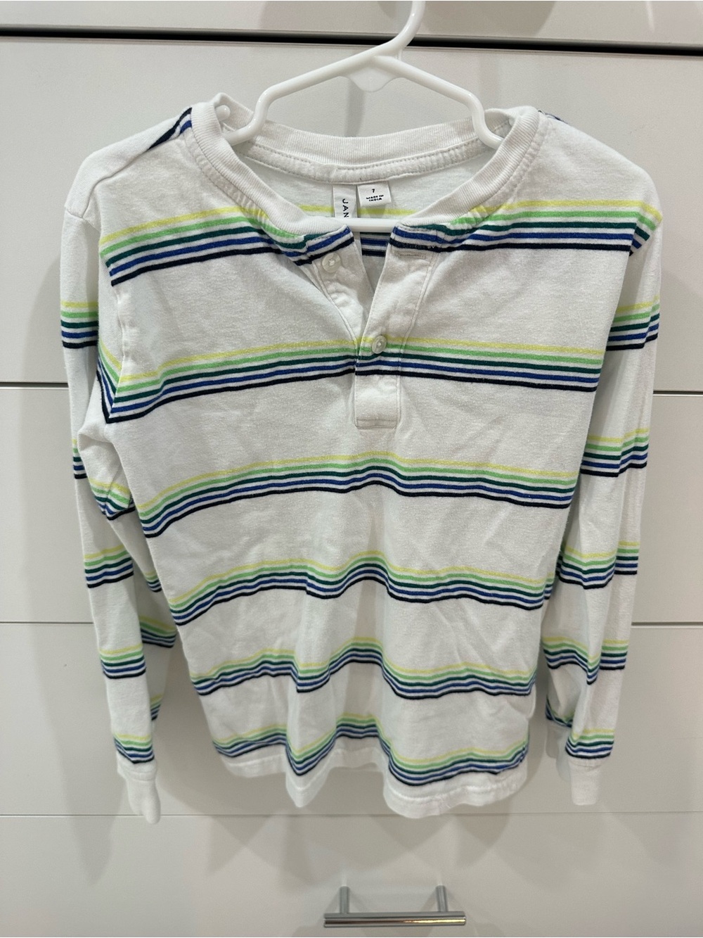 Boys Long-Sleeve Striped Henley Shirt - White with Blue & Green Stripes Size 7